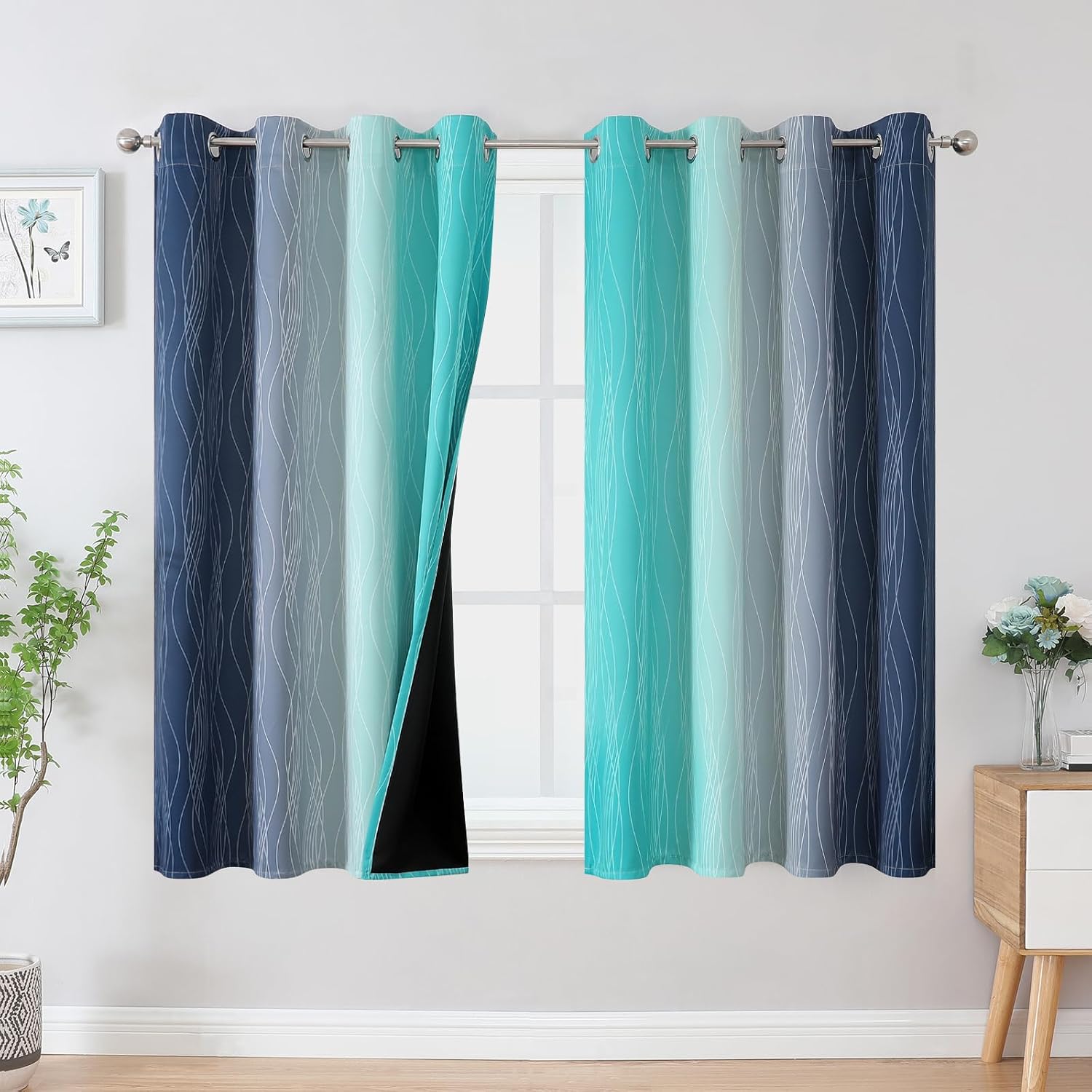 Estelartextiler Estelar Textiler Navy Blue and Teal Blackout Curtains 54 Inch Length, Full Light Blocking Gradient Grommet Drapes for Livin…
