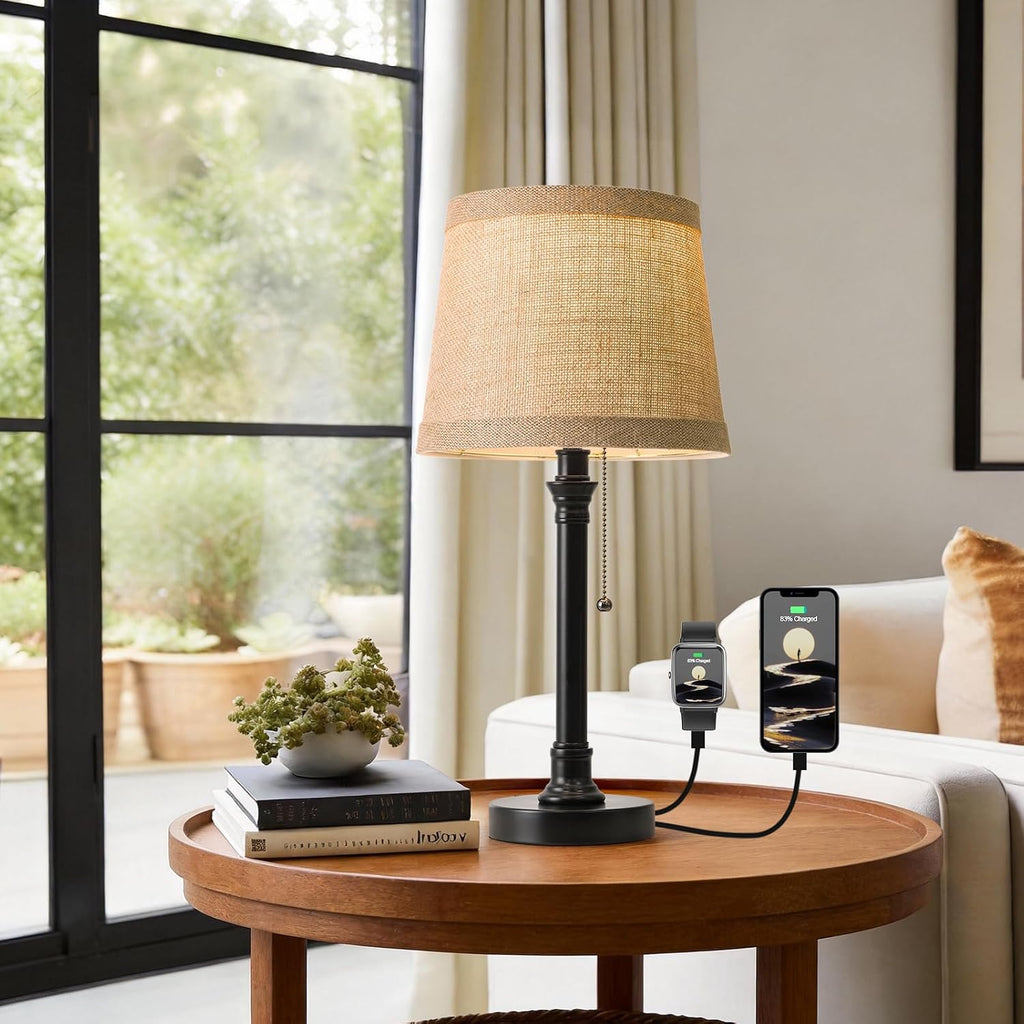 Oneach 19.5" Small Table Lamp with USB A+C Charging Ports, Black Modern Rustic Bedside Lamp with Natural Shade, Black Metal Pull Chain…