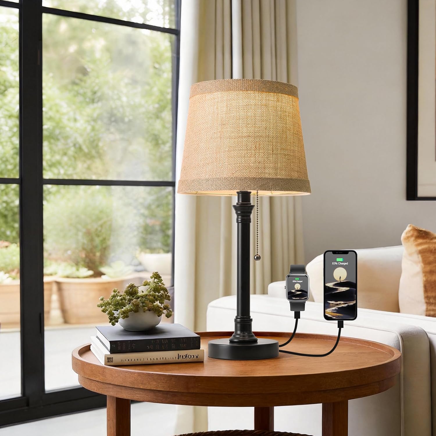 Oneach 19.5" Small Table Lamp with USB A+C Charging Ports, Black Modern Rustic Bedside Lamp with Natural Shade, Black Metal Pull Chain…