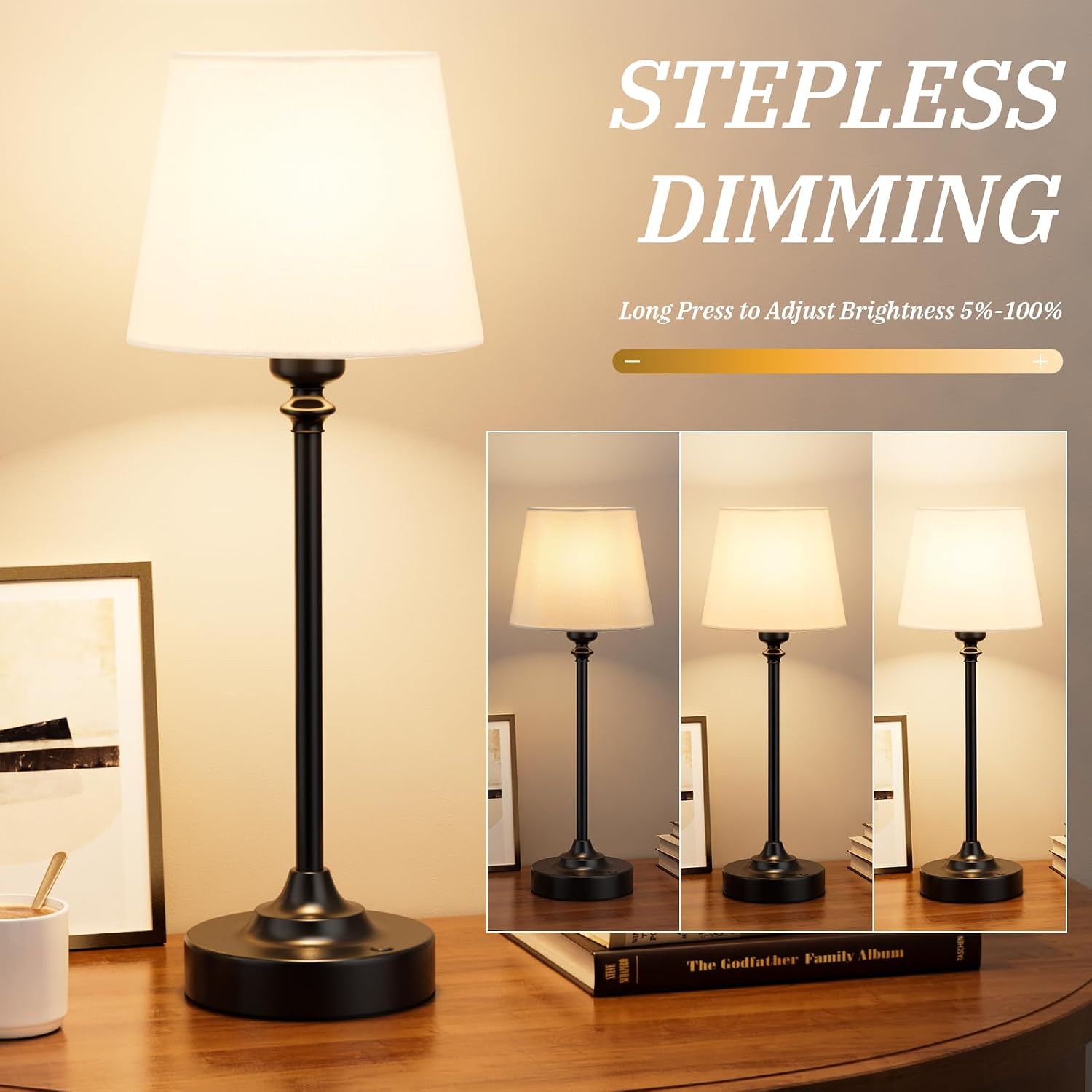 Cordless Table Lamps Rechargeable Set - 2 Pack Black 4000mAH Battery Operated Lamps for Decor, 3000K Stepless Dimming Touch Control…
