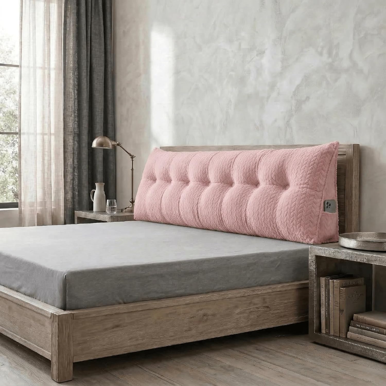 Headboard Pillow King Size, Reading Pillow for Bed, Leaf Pattern Wedge Pillow, Tufted Backrest Support, Headboard Substitute, Pink