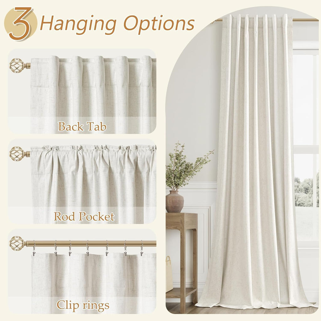 Guken 100% Blackout Extra Wide 100 Inch Linen High Ceiling 10FT Curtains 120 Inches Long for Bedroom Sliding Door Natural Cream Back Tab Bl…