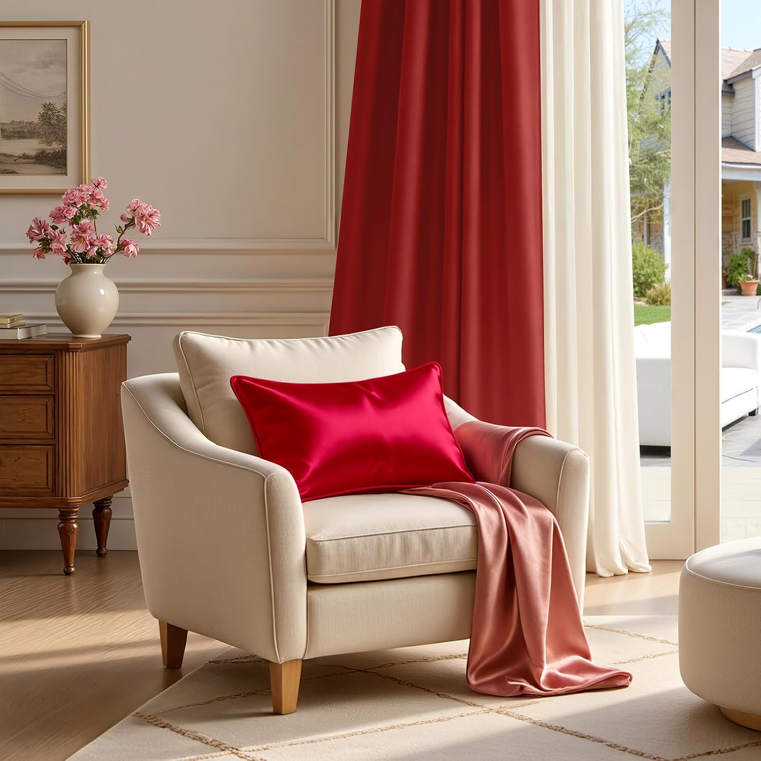 Homeideas Red Decorative Throw Pillow Covers 18x18 Set of 2, Glossy Faux Silk Pillow Covers for Couch Sofa Bed Decor Luxury Summer Euro Cus…
