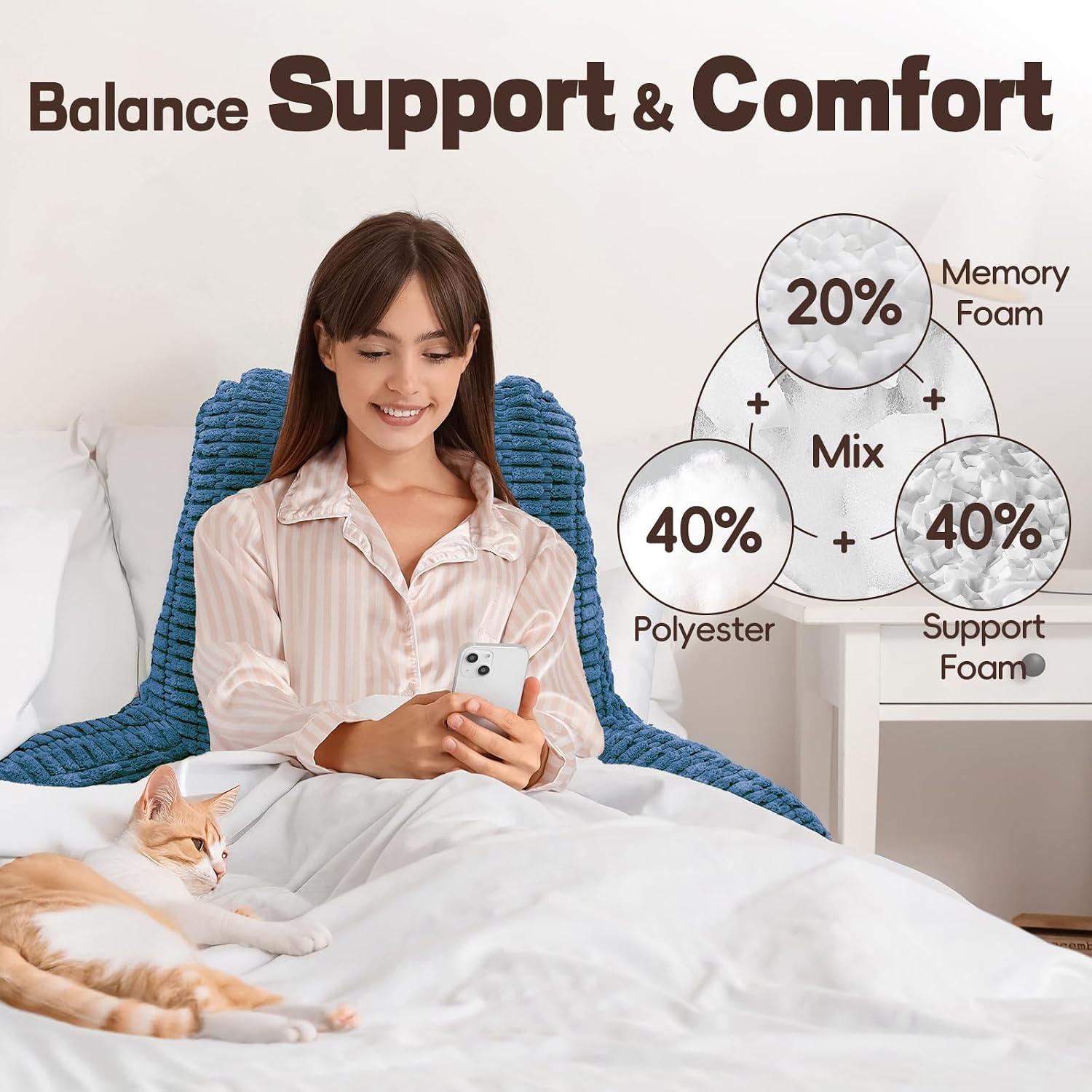 Luisof 21" Higher Large Reading Pillow for Bed Adult, Back Pillow for Bed Sitting Up with Memory Foam Back Support with Arms Rest for Couch…