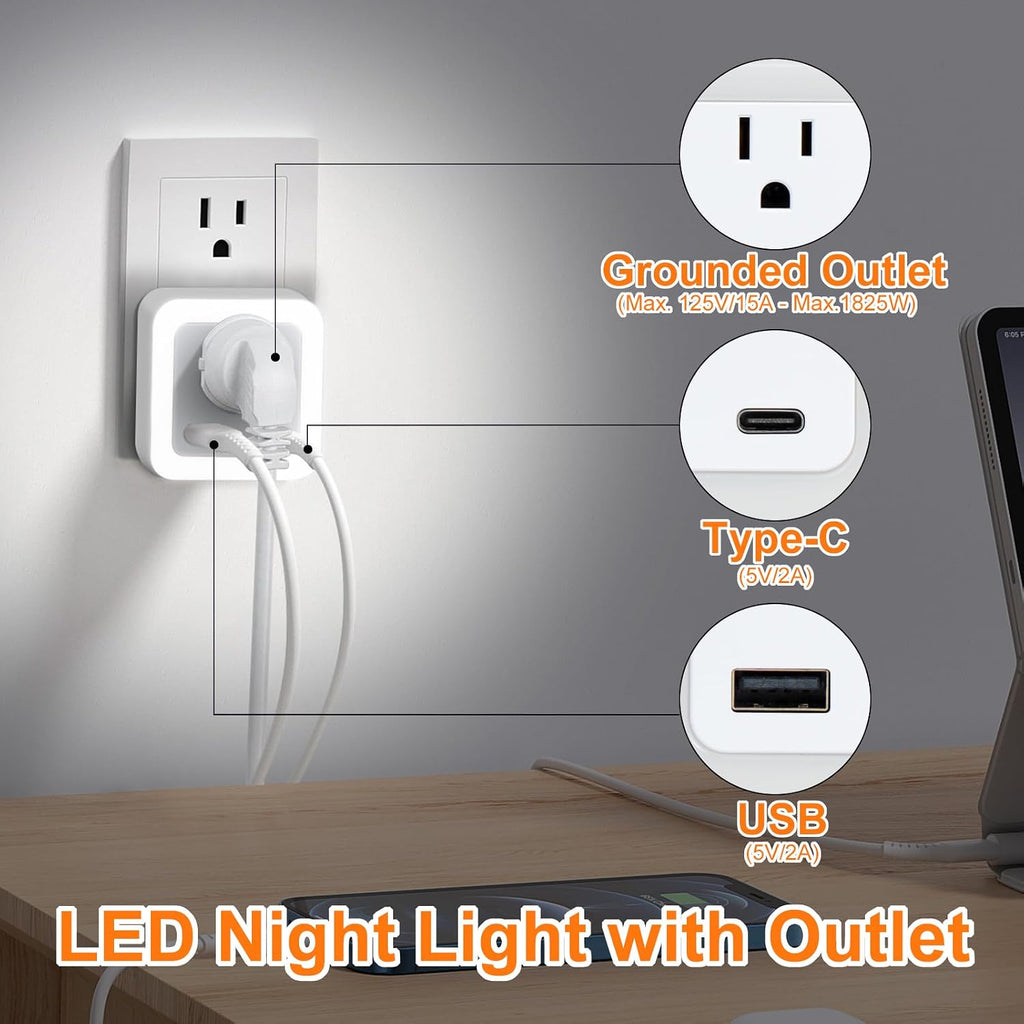 Night Lights Plug Into Wall 2 Pack Rechargeable Battery Backup Light Dusk to Dawn Sensor Night Light with Outlet Expander for Adults Kids…