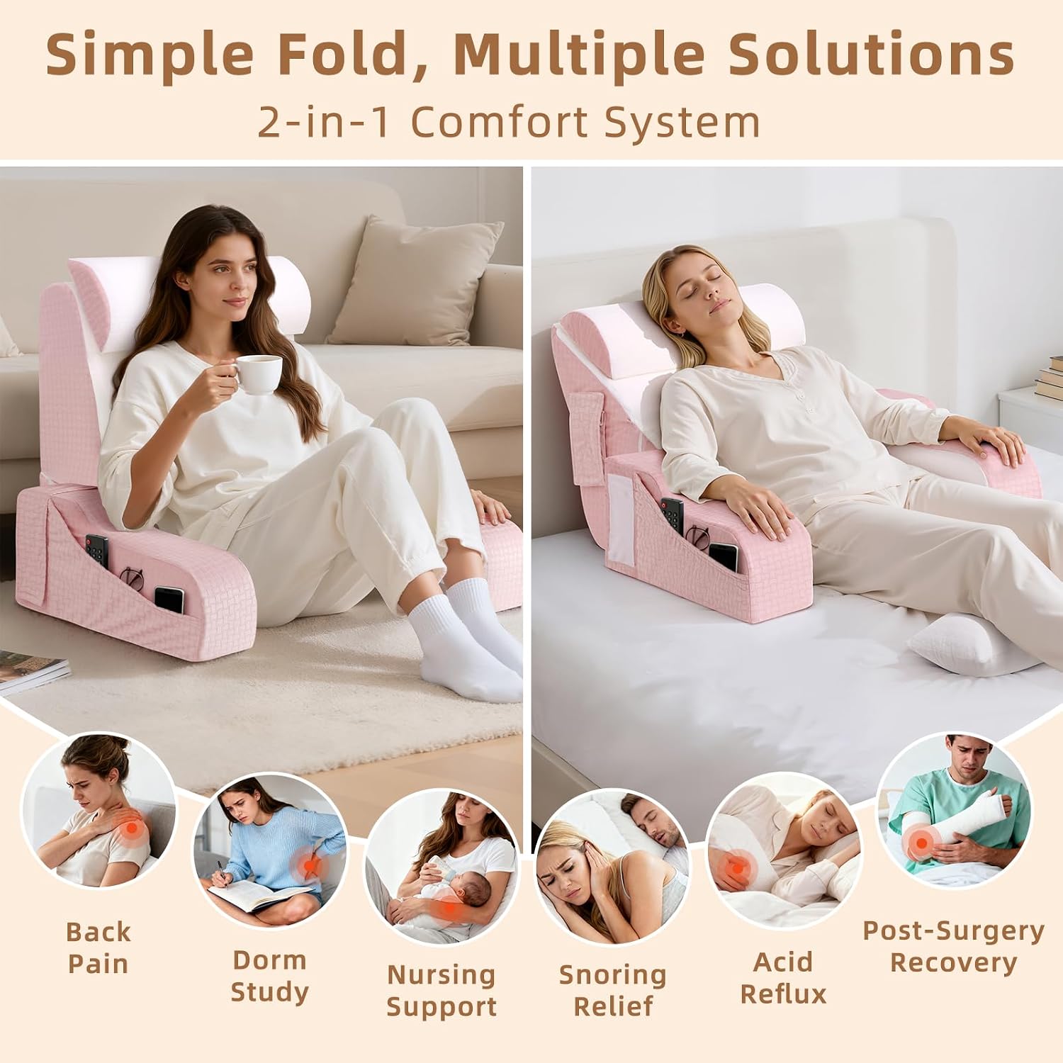 Esuerdo 5PCS Reading Pillow for Sitting in Bed Adult, 2 in 1 Foldable Back Wedge Pillow for Sleep, Ergonomic Back Support Pillow with Arms…