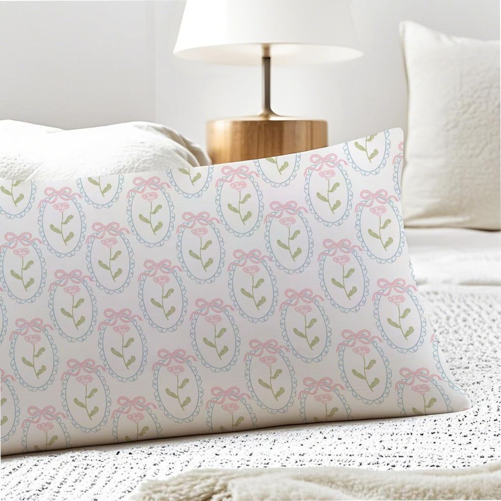 Pink and Green Grandmillennial Floral 20x54 Body Pillow Cover, Grand Millenial Home Decor, Coquette Pink Bow Cottagecore Flower…
