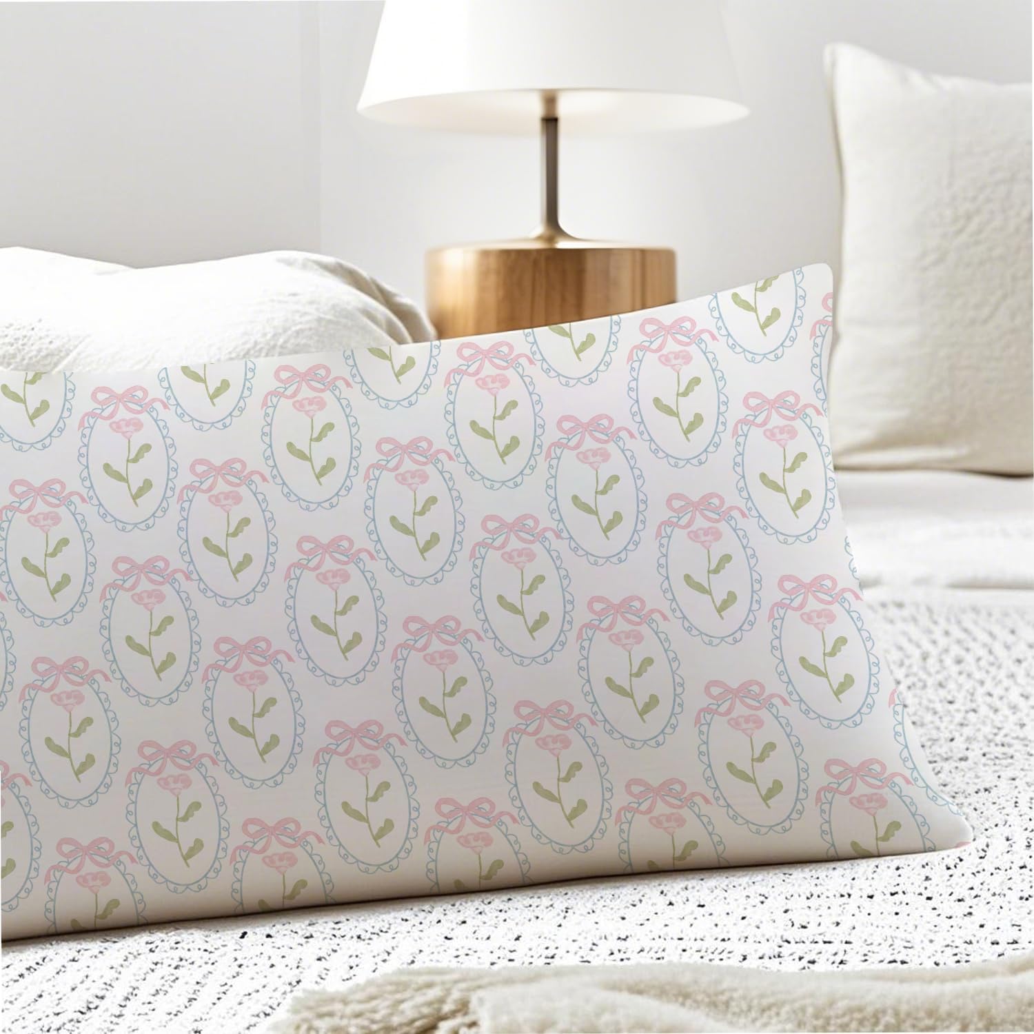 Pink and Green Grandmillennial Floral 20x54 Body Pillow Cover, Grand Millenial Home Decor, Coquette Pink Bow Cottagecore Flower…