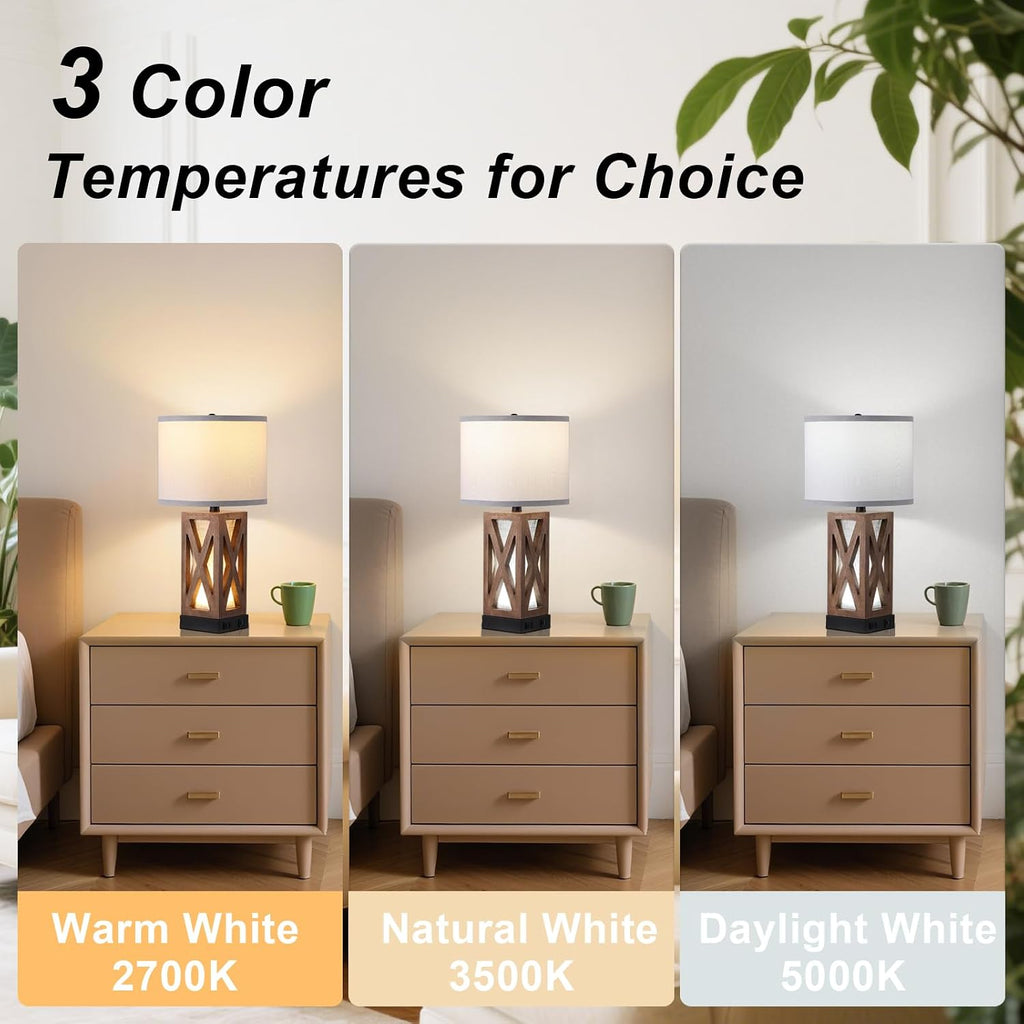 Set of 2 Wood Table Lamp with 3 Color Temperatures, Nightstand Table Lamp with AC Outlet, USB A & C Charging Port, Bedside Lamps for…