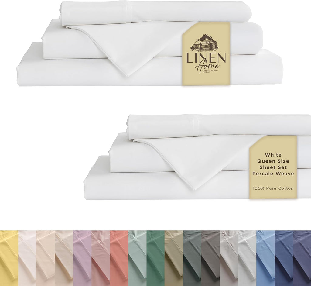 Linenhome Linen Home 2-Pack Queen Sheet Set, 100% Cotton Percale Bedding, 8-Piece Value Bundle, Deep Pocket Cooling Bed Sheets for Hot Slee…