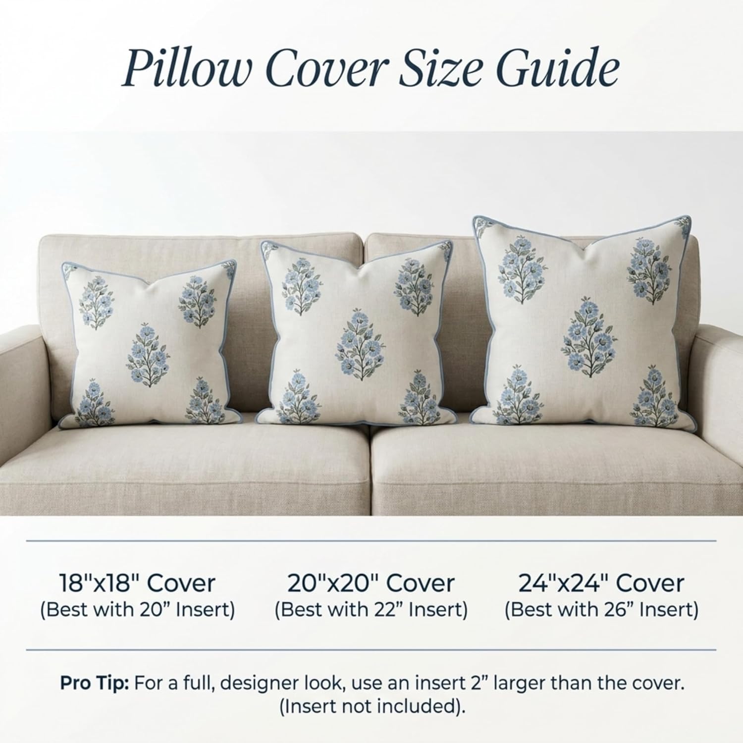Jillien Harbor “The Camille” Floral Block Print Pillow Cover – Soft Blue and White Decorative Throw Pillow Cover – Grandmillennial Home…