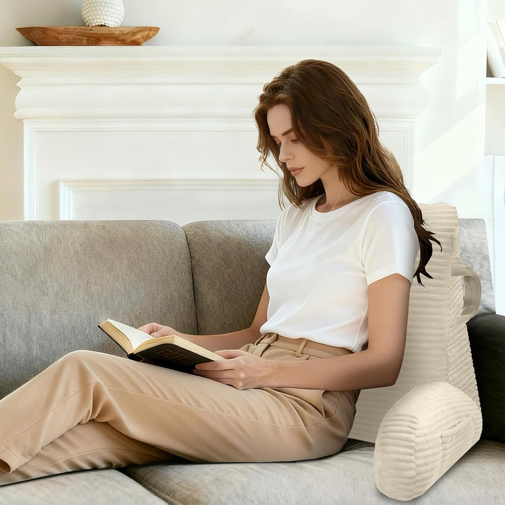 Reading Pillow for Sitting in Bed Adult, Bed Reading Pillow with Shredded Memory Foam, Back Pillow for Sitting with Arms and Pockets, Beige