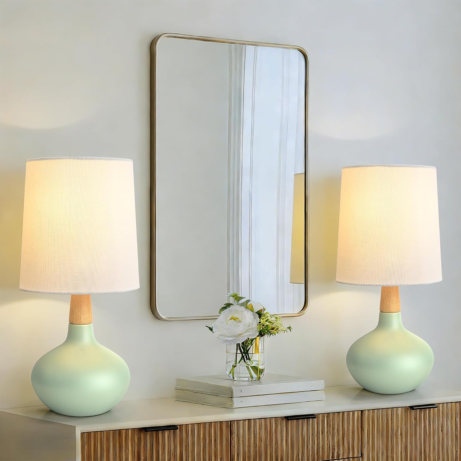14" Ceramic Table Lamp Set of 2, Small Bedside Lamp with Natural Wood Stem & Linen Shade, Modern Farmhouse Night Lamp for Bedroom Living…