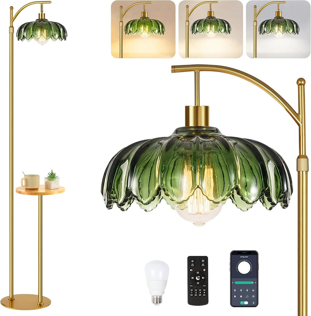 QIYIZM Glass Floor Lamp with Table and Shelves for Living Room Bedroom, Gold Standing Lamp with Remote Dimmable, Boho Brass Tall Lamp…