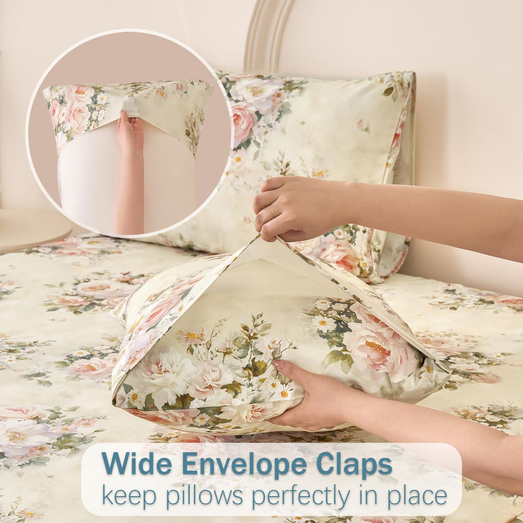 Softtouchsweetdreams Silky Floral Bed Sheets Full Size Cream 100% Cotton Blush Pink Rose Printed Sheet Set, Satin Weave Cooling Sheets for…