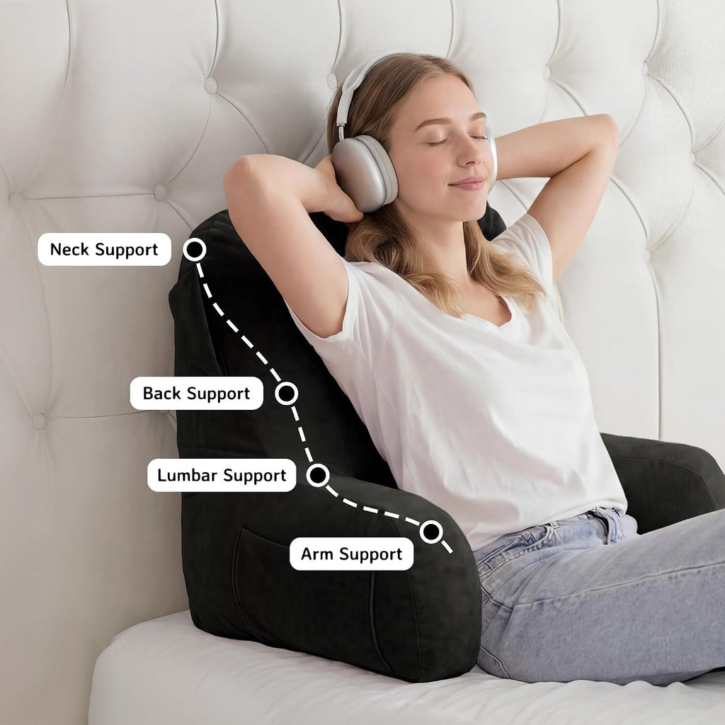 Unisakey Portable Comfy Reading Pillows for Bed Sitting Up(Grey Oeko-Tex), Velvet Back Pillow with Arms & Pockets for Adults, Support…