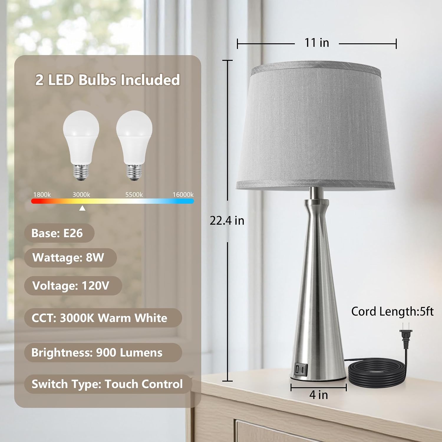 Seealle Modern Table Lamps Set of 2 - Touch Bedside Lamp for Nightstand with Dual USB C+A,3-Way Dimmable Silver Nightstand Lamps for…
