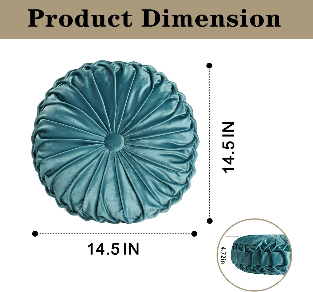 HIG Set of 2 Teal Ruched Velvet Round Throw Pillows – 14.5’’ Decorative Pillows with Soft Polyester Filling for Couch, Bed, Living Room…