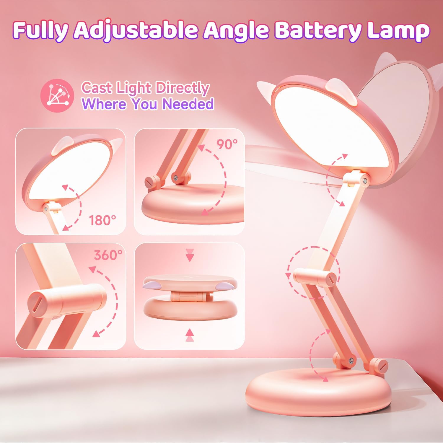 One Fire Cute Desk Lamp Pink Dorm Lamps for College Girls Foldable Portable Rechargeable Dimmable Cute Cat Lamp Kawaii Room Decor, College…