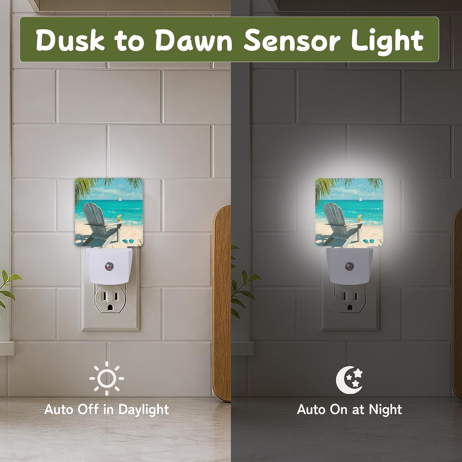 Tropical Beach Chair Night Lights Plug into Wall, Night Light for Bedroom Bathroom Hallway Kitchen, Auto Dusk to Dawn Sensor Decorative…