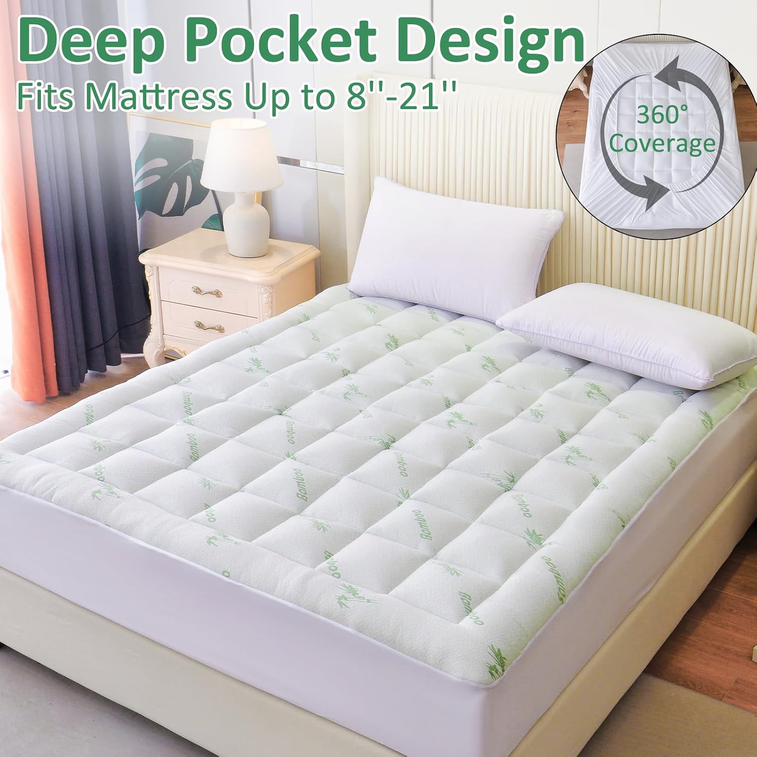 oaskys Mattress Topper Queen Size - Cooling Extra Thick Breathable Viscose Made from Bamboo Mattress pad - Soft Quilted Fitted Mattress…