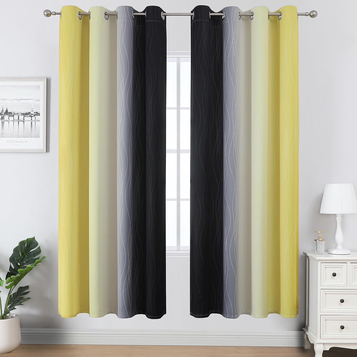 Estelartextiler Estelar Textiler Black and Yellow Blackout Curtains for Living Room, Full Room Darkening Grommet Ombre Curtains for Bedroom…