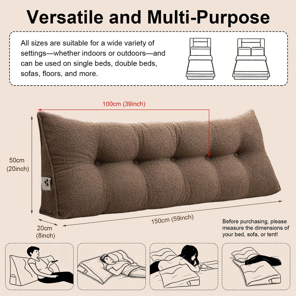 Headboard Pillow Wedge Soft Teddy Velvet Reading Pillow for Bed, Backrest Cushion with Removable Cover & Side Pockets, Comfortable…