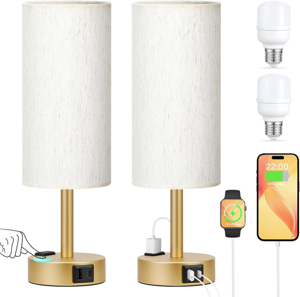 PartageiZ Gold Touch Table Lamps Set - 3 Way Dimmable Bedroom Lamps with USB C and A Ports, Small Lamps for Nightstand with AC Outlet…