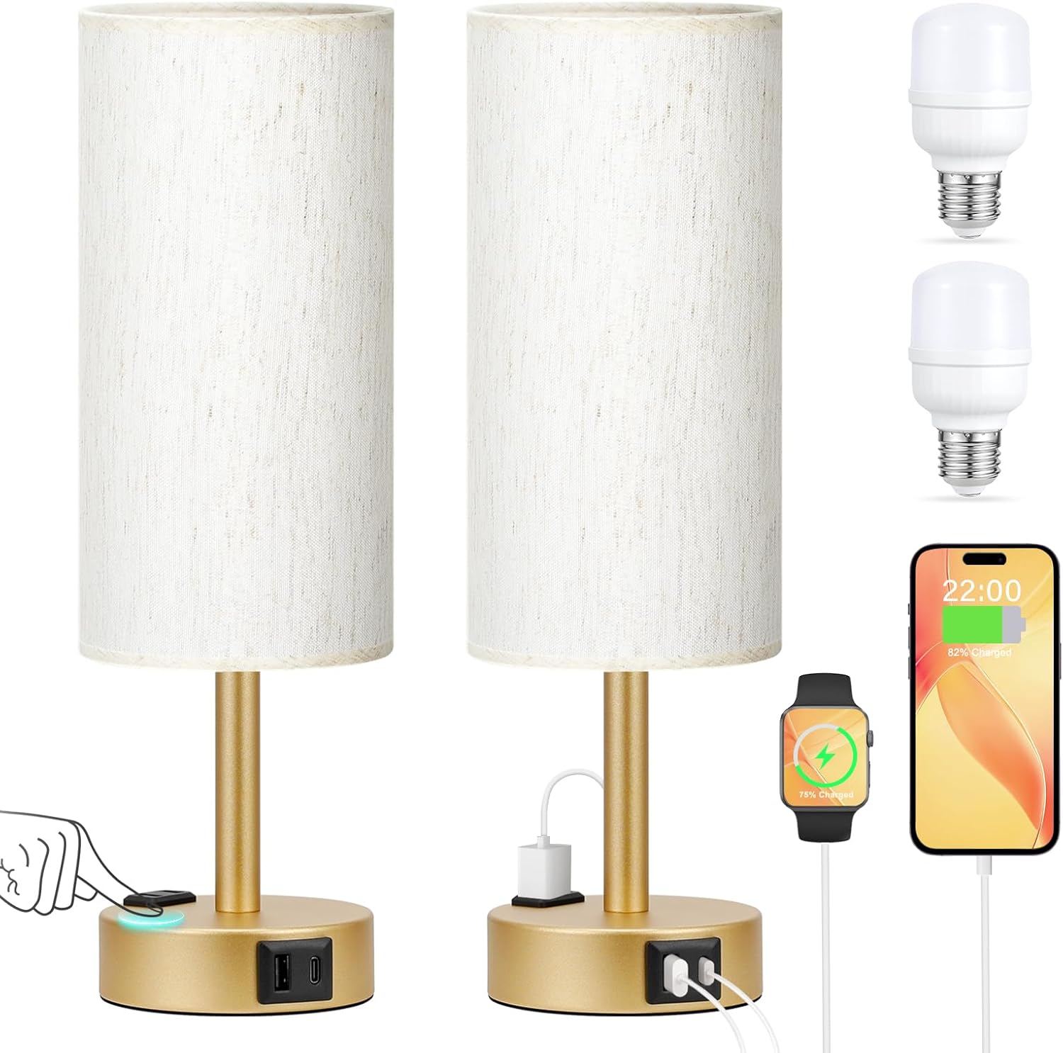 PartageiZ Gold Touch Table Lamps Set - 3 Way Dimmable Bedroom Lamps with USB C and A Ports, Small Lamps for Nightstand with AC Outlet…