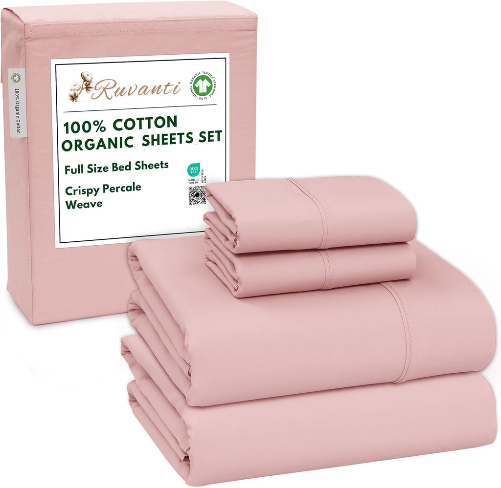 Ruvanti 100% Cotton Organic Percale Sheets Full Size – Crisp Cooling Bed Sheets for Hot Sleepers, Deep Pocket 15”, Soft Peach Finish, Breat…