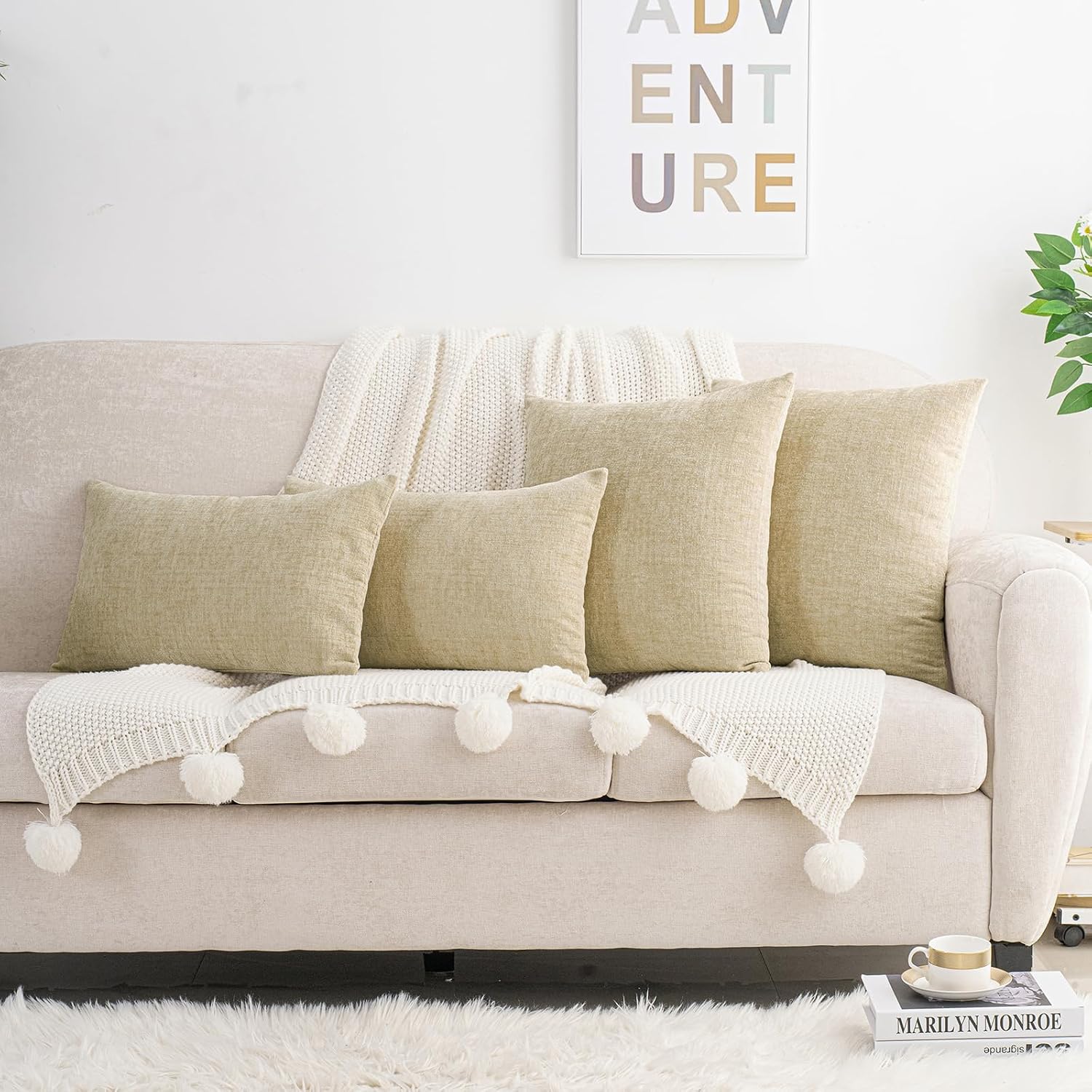 Hwy50 HWY 50 Beige Couch Pillow Covers 22x22 Inch Pack of 2, Soft Chenille Decorative Throw Pillow Cases Farmhouse for Sofa Living Room Bed…