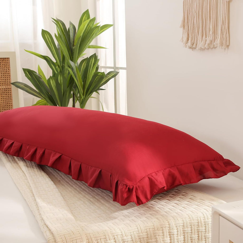 Merryword Burgundy Body Pillow Cover 20x54inches Long Pillowcase Ruffled Pillowcases Shabby Chic Ruffled Fringe Decor Body Ruffled Pillow S…