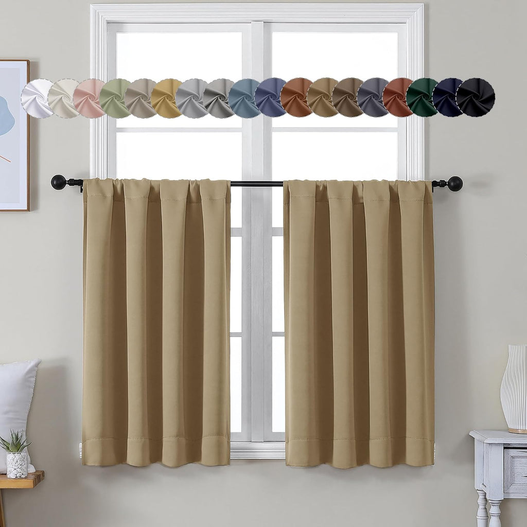 Simplebrand Ava Taupe Short 36 Inches Blackout Curtain 2 Panels Set, Half Window Rod Pocket Privacy Curtain Tiers for Kitchen, Curtains Bla…