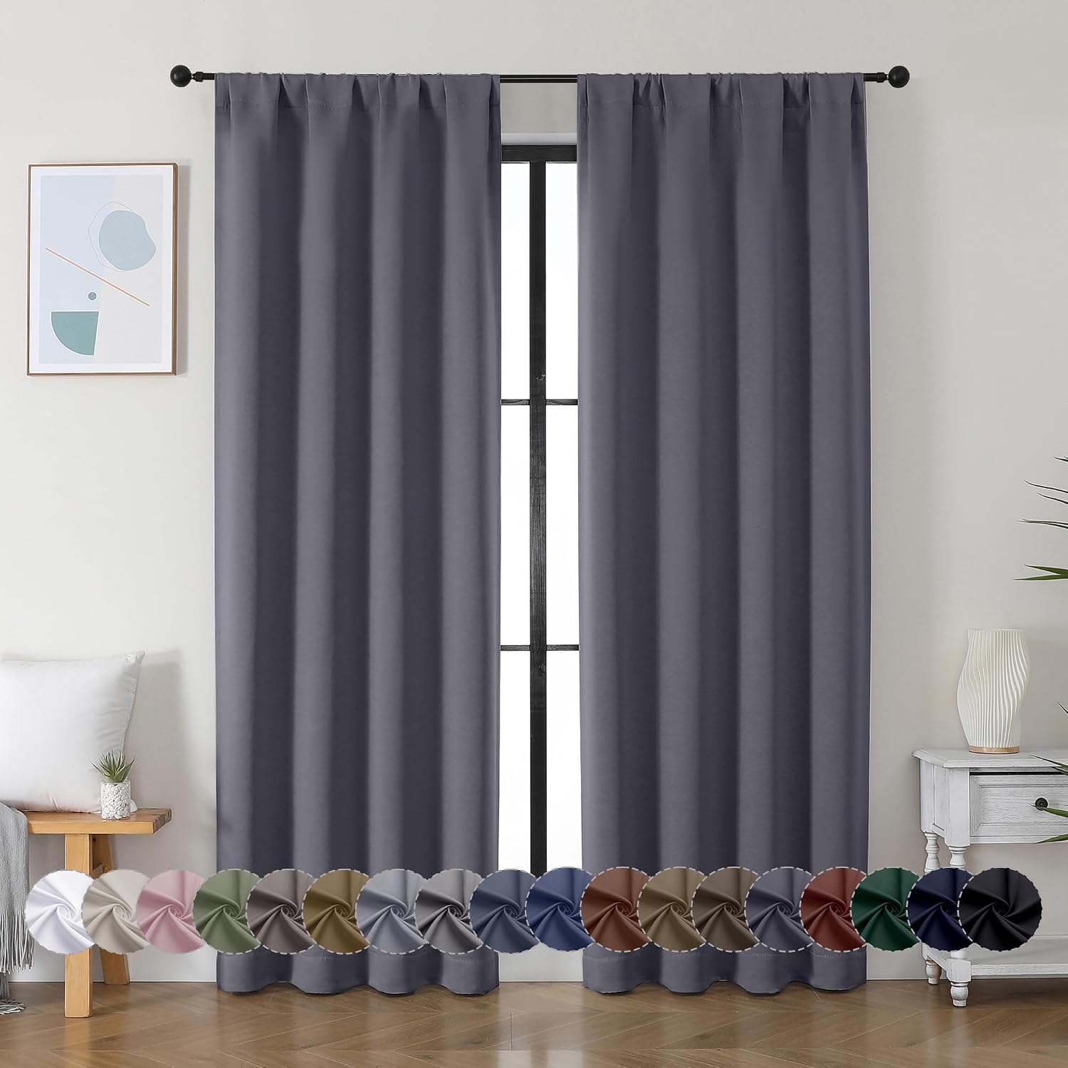 Simplebrand Ava Grey Blackout Curtains for Bedroom 84 Inch Length 2 Panels Set, Solid Thermal Insulated Privacy Living Room Window Treatmen…