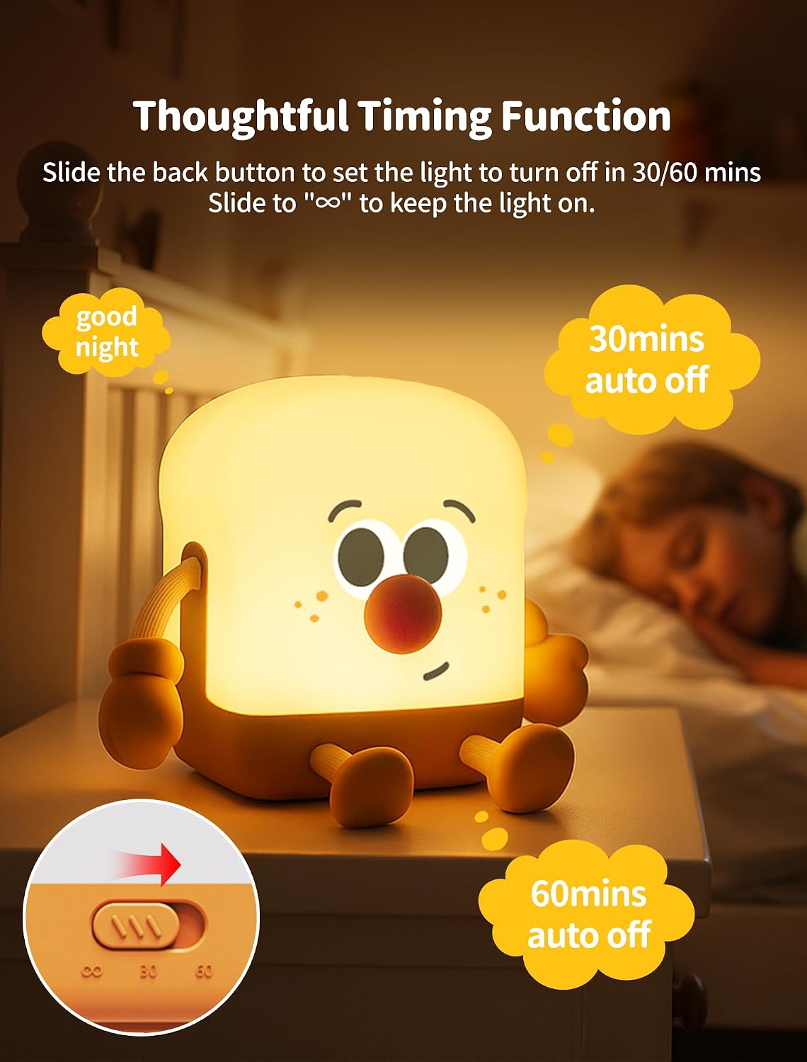 Toast Night Light for Kids, Rechargeable Bedside Table Lamp, Portable Night Lamps, Cute Nursery Night Lights for Bedroom, Office, Desk…