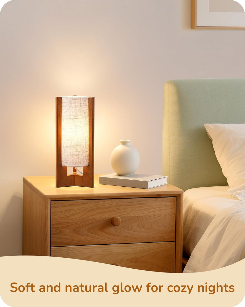 EDISHINE 13.5" Small Table Lamp, Walnut Wood Cylinder Nightstand Lamp for Bedroom, Beige Linen Shade, Corner Modern Bedside Lamp for…