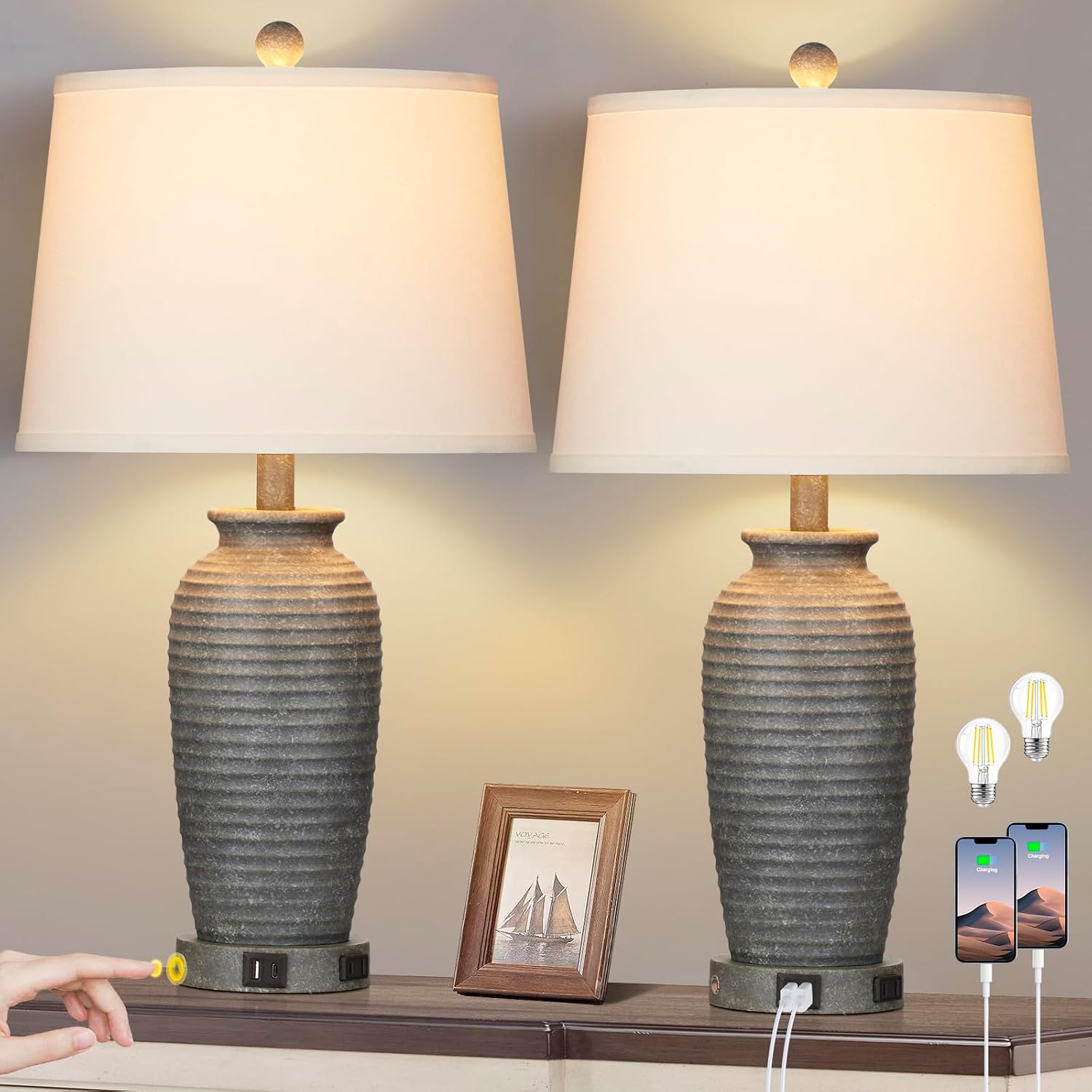 CINSARY 25" Farmhouse Jar Table Lamps Set of 2, 3 Way Touch Control Rustic Bedside Lamps with USB A+C Ports & AC Outlet, Pot Nightstand…
