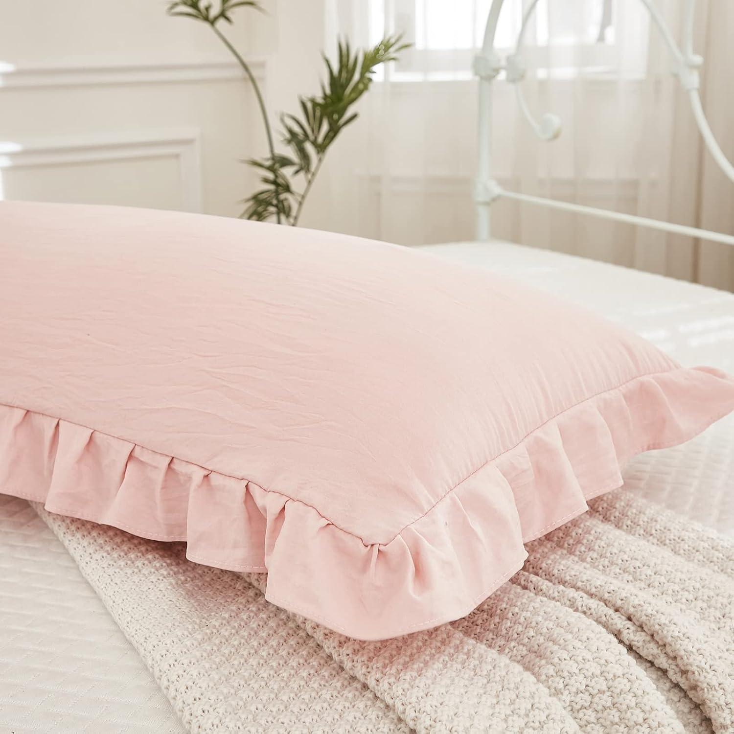 Merryword Pink Body Pillow Cover 20x54inches Long Pillowcase Ruffled Pillowcases Shabby Chic Ruffled Fringe Decor Body Ruffled Pillow Sham…
