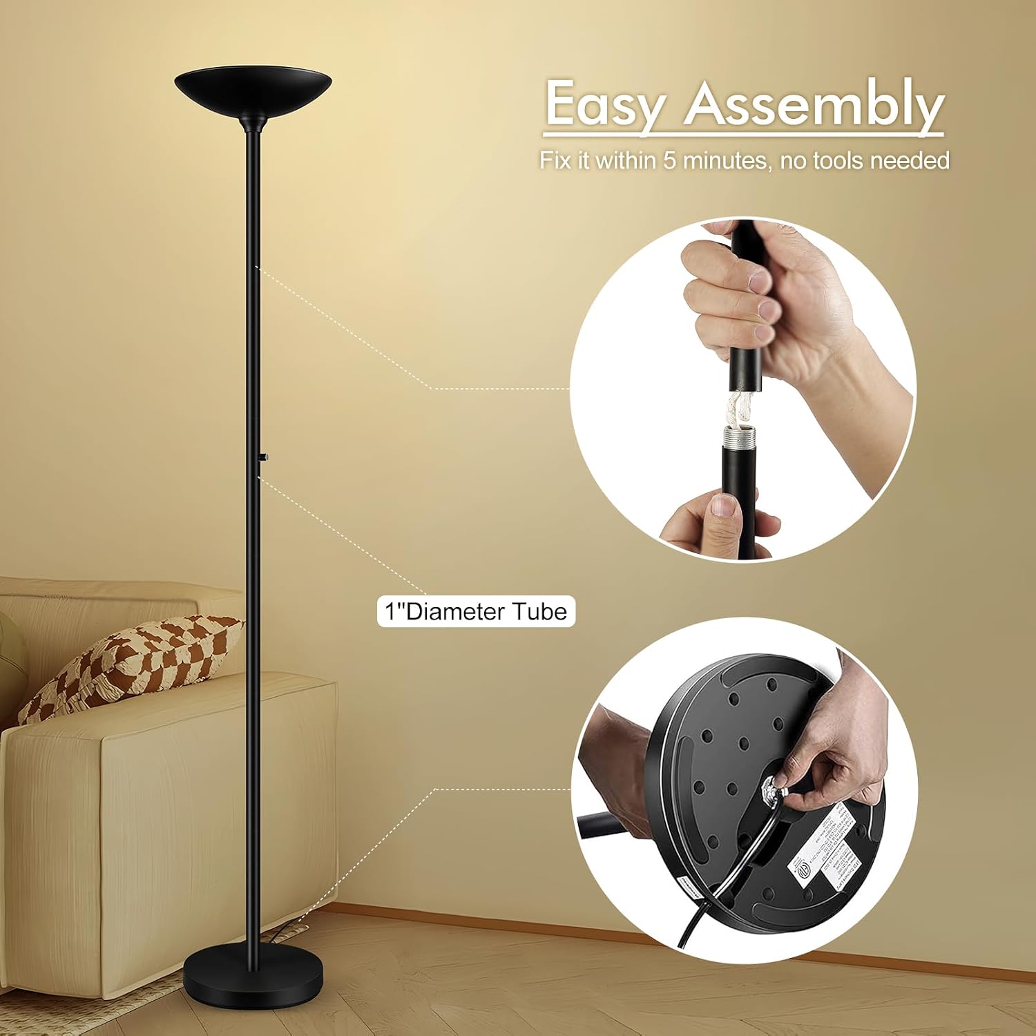 Home 30W Torchiere Floor Lamp - 3600LM Super Bright LED Floor Lamp, 71 Inch Stepless Dimmable Standing Lamp with 3000K Lighting, Rotary Swi…