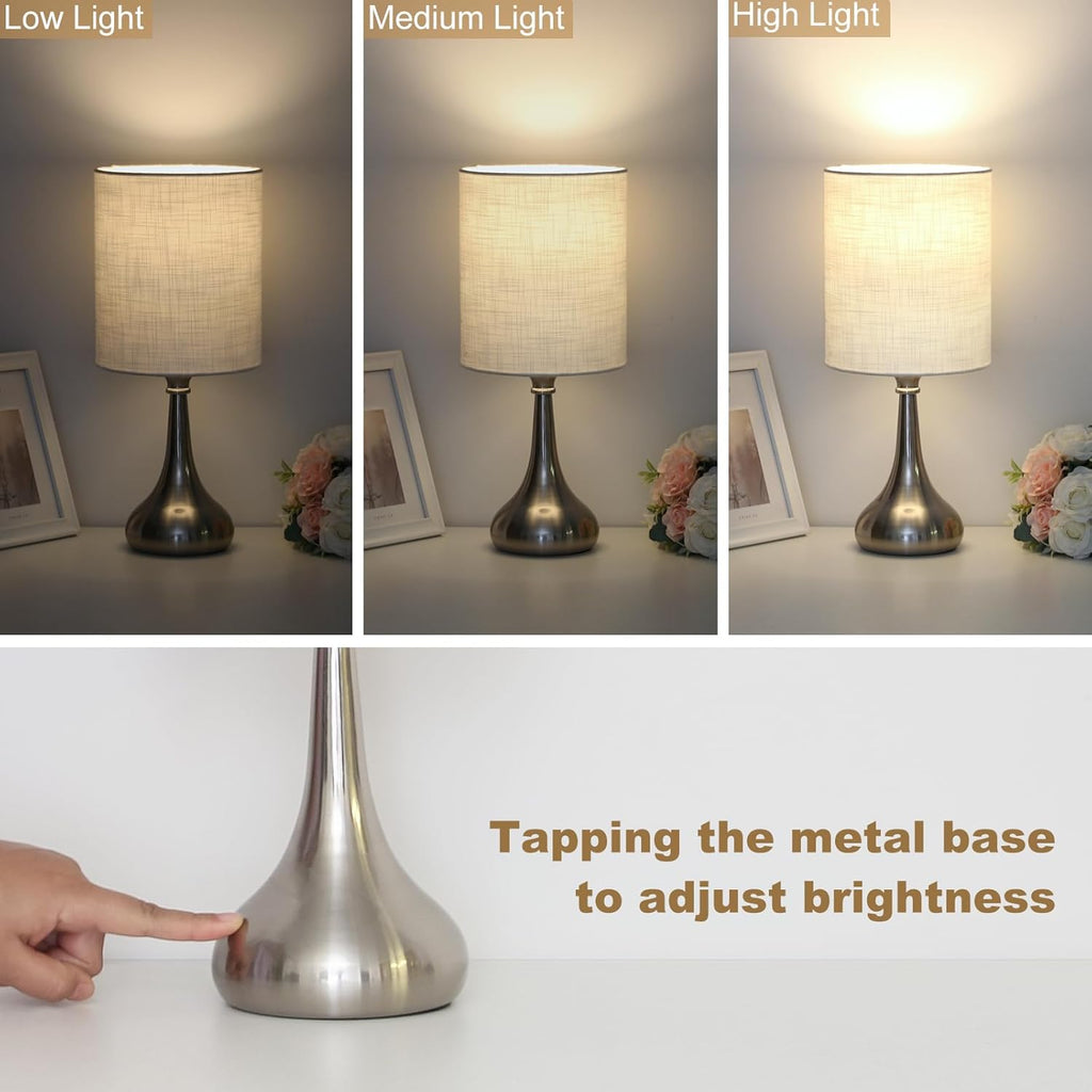 Touch Control Table Lamp, 3 Way Dimmable Simple Night Light Lamp with White Lampshade Silver Metal Base, Small Bedside Table Lamp for…