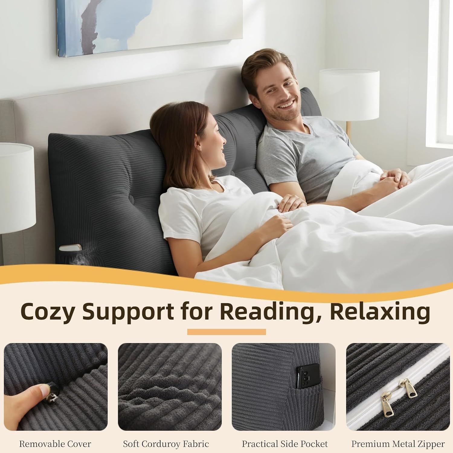 Wedge Reading Pillow Headboard Full Size, Headboard Bolster Pillow for Bed, Triangular Backrest Cushion with Removable Corduroy Cover…