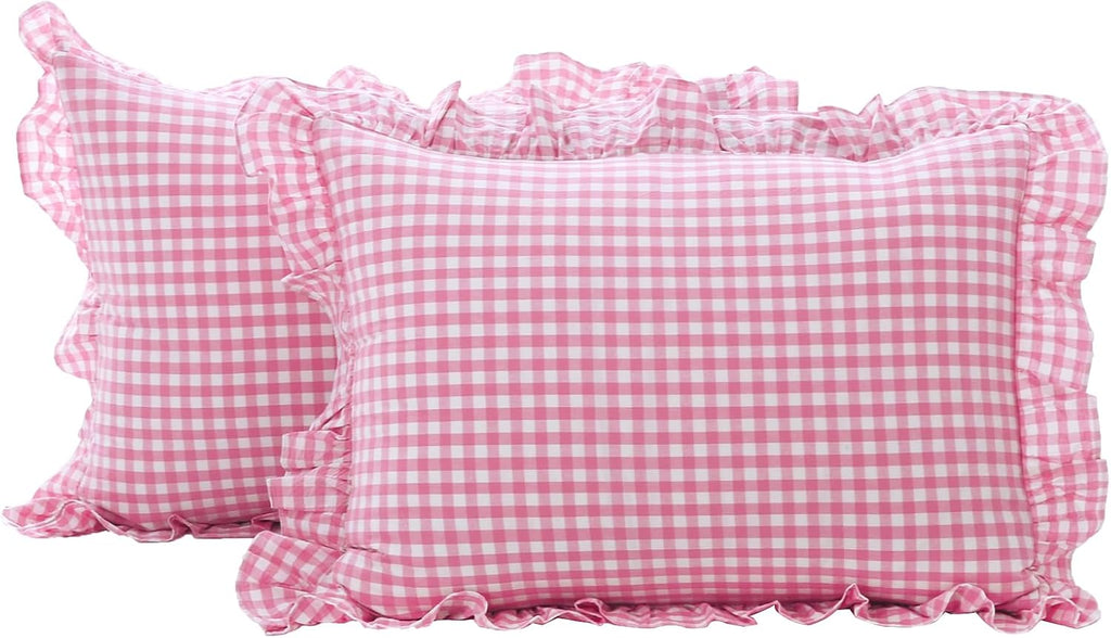 2 Pack Pink White Plaid Ruffle Gingham Standard Pillow Covers, 100% Washed Cotton Checkered Girly Bed Pillow Shams - 20"x26"