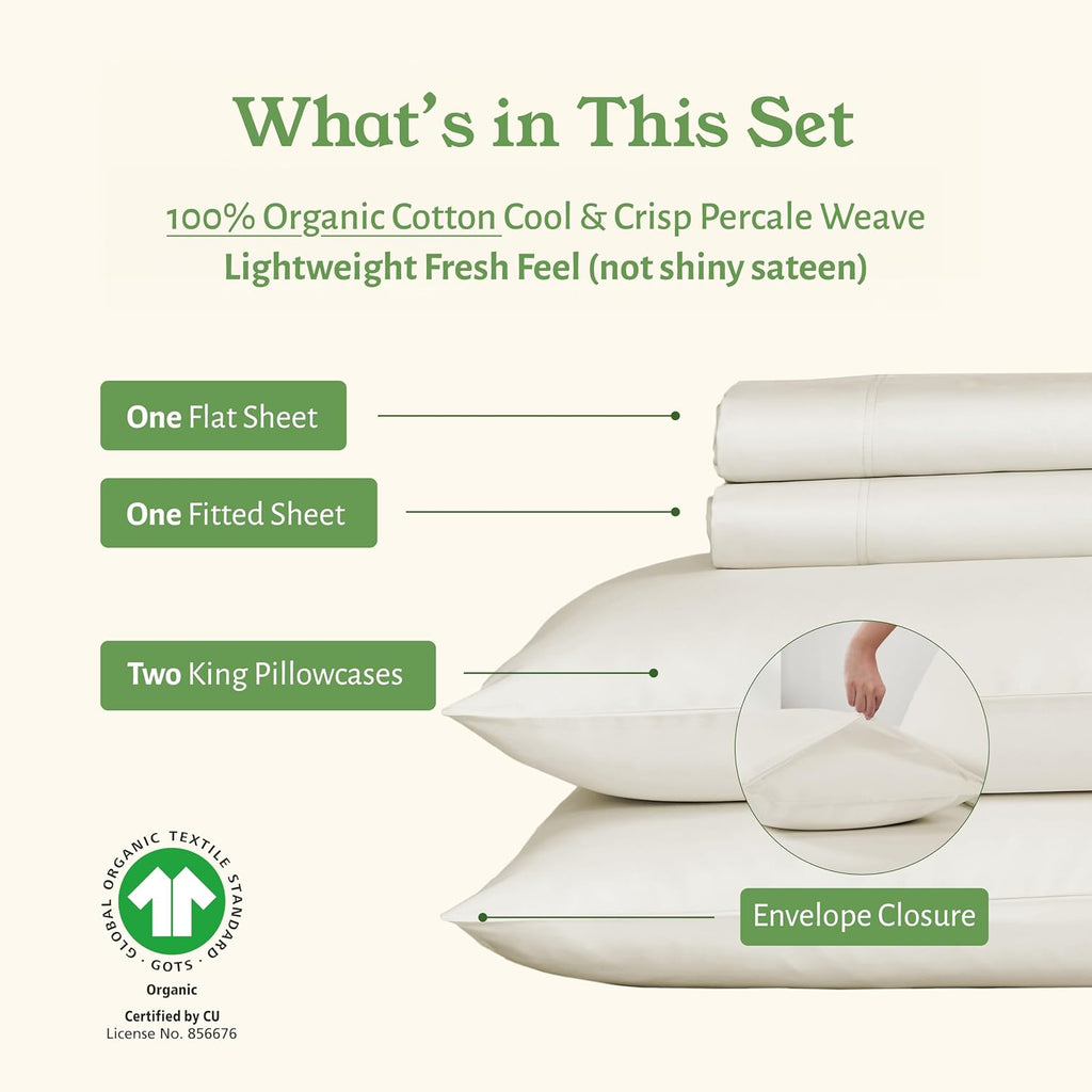 CaliforniaDesignDen California Design Den King Sheets Set - Soft 100% Organic Cotton Sheets with Deep Pockets, Crisp Percale, Breathable an…