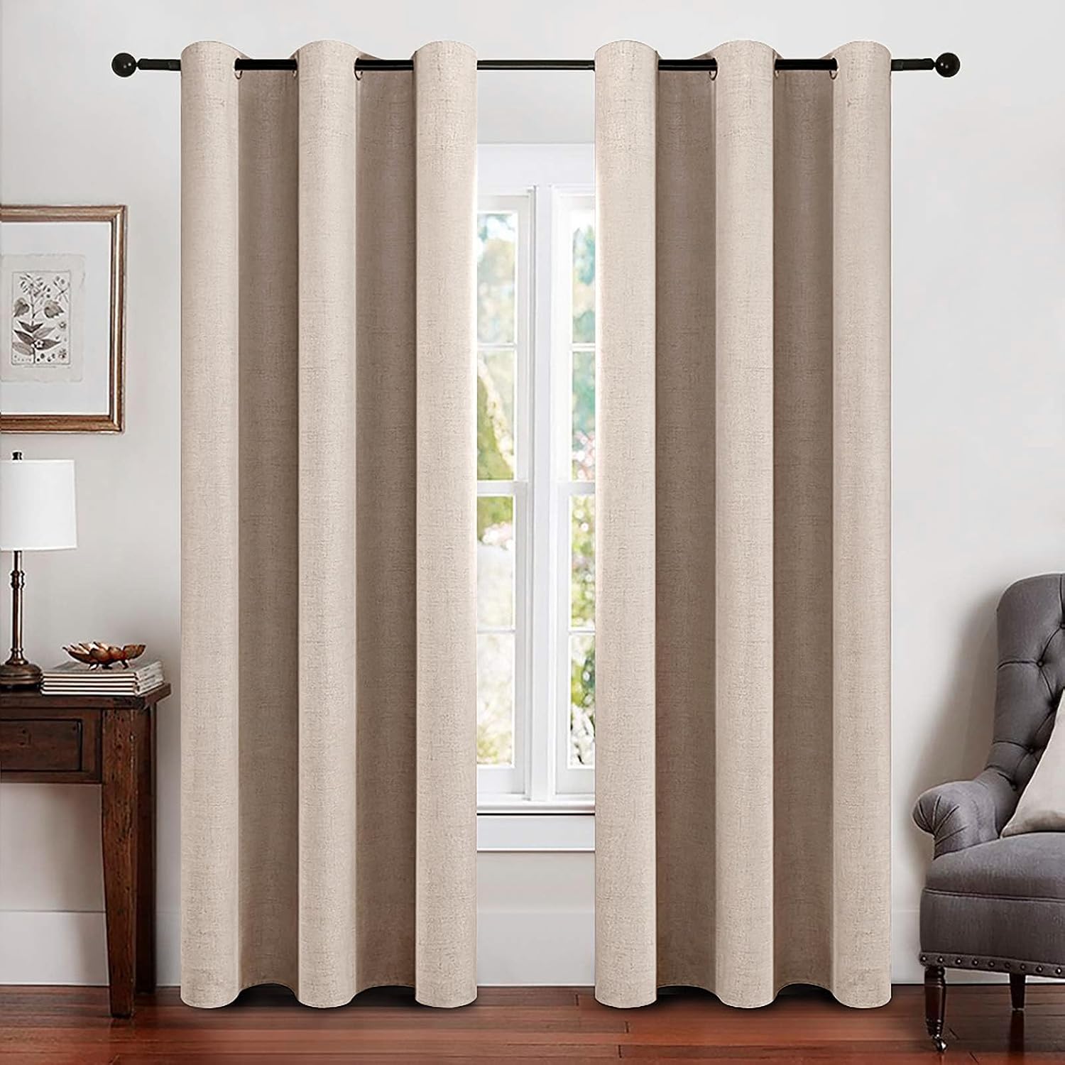 Miulee 100% Blackout Linen Texture Curtains Soild Thermal Insulated Natural Beige Curtains Grommet Room Darkening Curtains & Drapes for Liv…