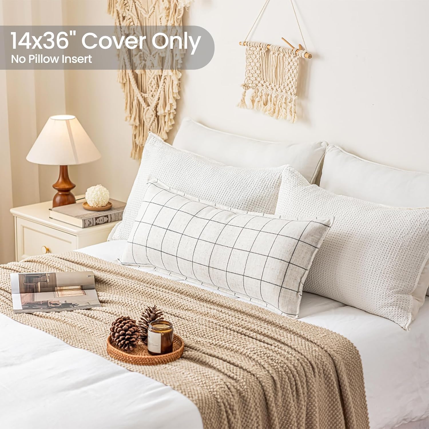 Boho Decor Cream White Long Lumbar Pillow Cover 14x36 Decorative Pillows for Bed, 14 x 36 White Pillow Cover Small Body Pillows, Modern…