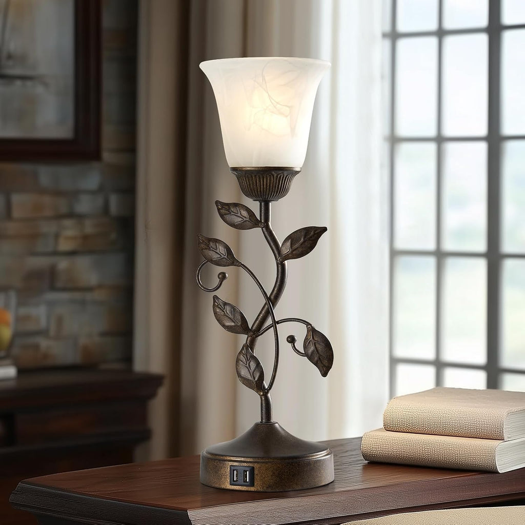 Set of 2 Touch Farmhouse Bedroom Table Lamps, Nightstand Vintage Flower Lamps with 2 USB Ports, 3 Way Dimmable Leaf Lamp for Living Room…