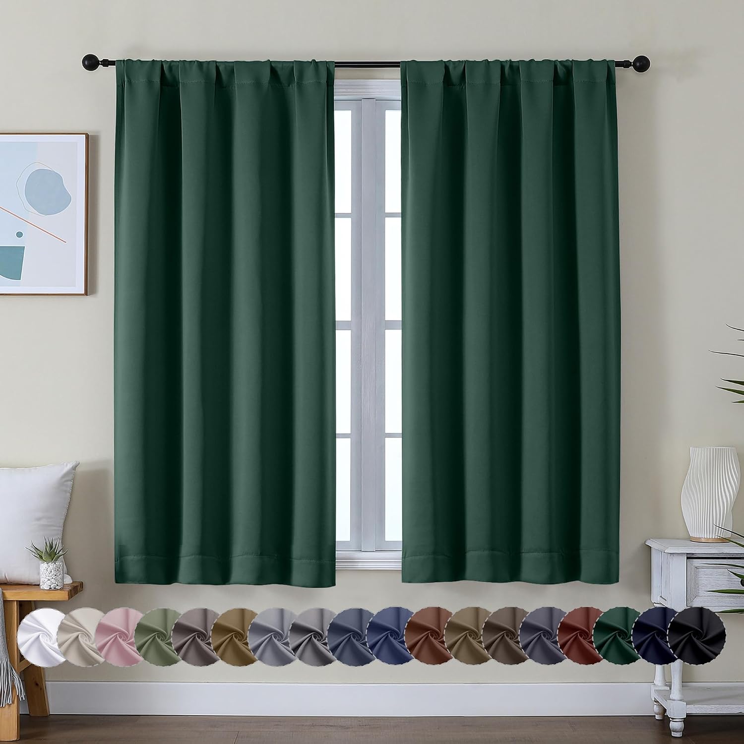 Simplebrand Ava Ever Green Short Blackout Curtains for Bedroom 54 Inches Long 2 Panels Set, Solid Thermal Insulated, Energy Saving Window T…