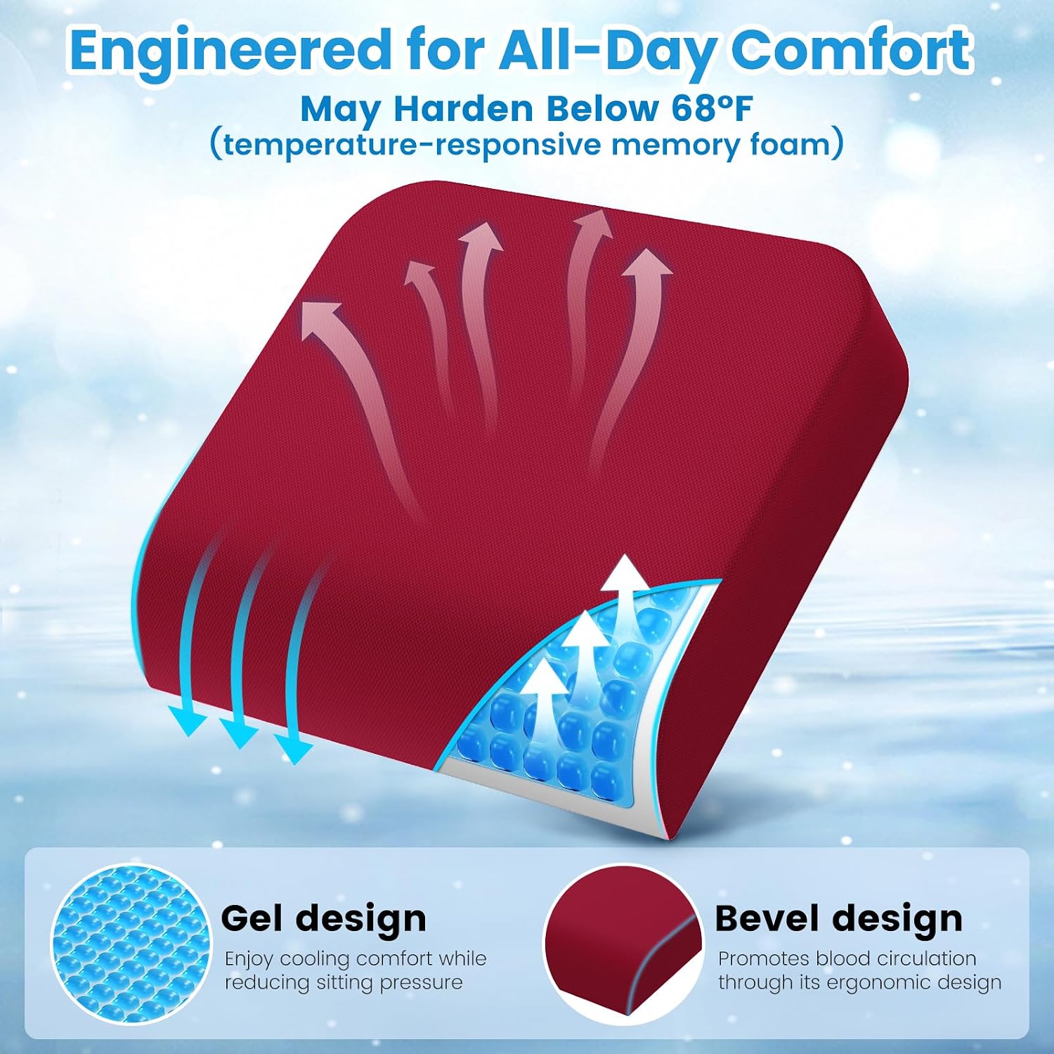 Wheelchair Seat Cushion for Pressure Relief, Cooling Gel Memory Foam Chair Cushion with Slope-Edge Design, Coccyx Support for Tailbone…