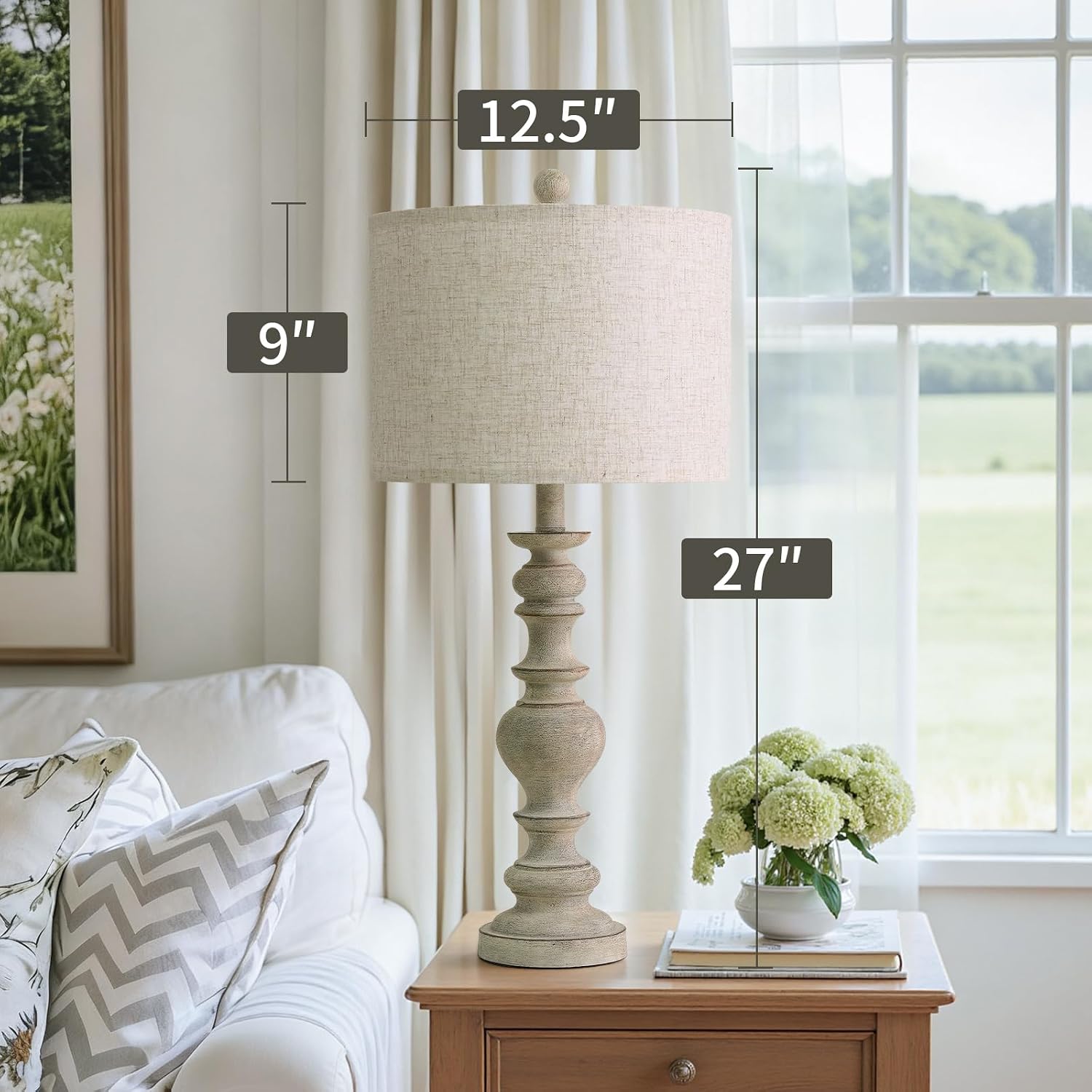 BOBOMOMO 27" Antique Gray Table Lamps Set of 2, Large Farmhouse Resin Lamps with Linen Shades, Vintage Gray Lamps for Living Room…