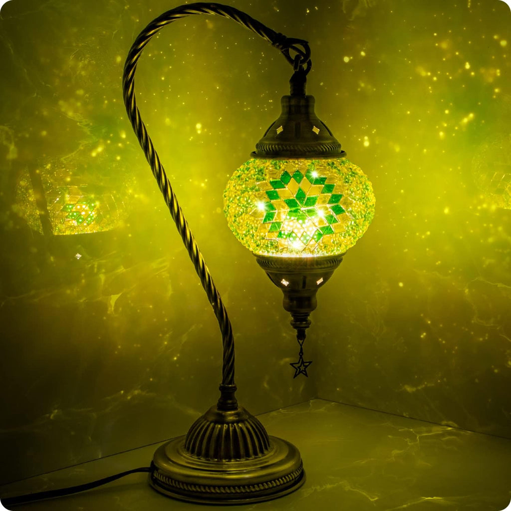 Yarra-Decor Turkish Moroccan Lamp with Bronze Base 3 Color Options Handmade Swan Neck Tiffany Mosaic Glass Bedside Lamps for Bedroom (LED…